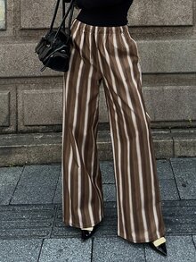 Livesso 女款條紋拼色休閒長褲 70年代 90年代 日常度假款 秋季棕色格紋棕色條紋 - 咖啡棕 - 查看 4
