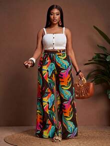 Veslaya Plus Size Tropical Plant Print Loose Wide Leg Pants Fall - Multicolor - View 6