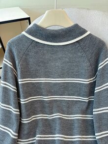 EMERY ROSE Plus Size Women's Casual Traditional Loose Colorblock Gray Lapel Zip Half-Placket Raglan Long Sleeve Pullover Sweater Teacher Birthday Autumn Winter - Grey - View 6