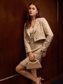 MOTF PREMIUM WOMEN'S TWEED LAPEL COLLAR CROPPED JACKET - Apricot - View 5