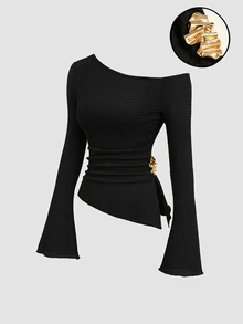 Sunnyshic Women's Asymmetrical Shoulder Flared Long Sleeve Asymmetrical Hem Waist Side Ruched Metal Button T-Shirt - Black - View 2