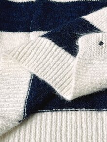 Maweii Cardigan Sweater Wanita Ukuran Besar dengan Kancing, Syal Bergaris Warna Kontras, Fesyen Kasual - Biru - View 7