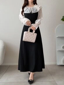 FRIFUL Gaun Elegan Wanita Motif Polkadot Patchwork dengan Ruffle dan Tali di Bagian Depan - Hitam dan Putih - View 4
