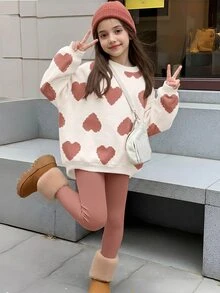 SHEIN 女童休閒圓領長袖運動衫與內搭褲2件套，適合秋冬穿著 - 彩色 - 查看 1
