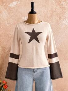 Soleia Plus Size Autumn/Winter Casual Colorblock Patchwork Sweater - Apricot - View 5