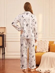 Provexi Provexi Women's Long Sleeve Long Pants Cartoon Print 2 Pieces Pajama Set - White - View 4