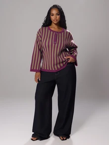 Rustia Sweater Pullover Kasual Longgar Lengan Panjang Bergaris Model Bahu Jatuh untuk Wanita Ukuran Besar Musim Dingin - Krem - View 4