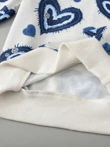 SHEIN 女童愛心印花運動衫＋丹寧效果喇叭褲2件套，白色長袖搭配藍色毛邊愛心圖案，秋季7歲生日嬰兒裝 - 藍色 - 查看 4