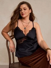 Freevana Plus Size Women's Lace Patchwork Sexy Versatile Camisole Top - Black - View 7