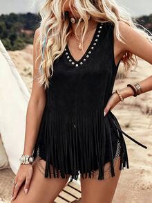 SHEIN LilyWest Women's Rivet Design Fringe Hem V-Neck Casual Tank Top - Black - View 3