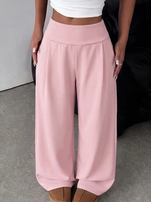SHEIN Teen Girl Knit Light Pink Loose Casual Drawstring Pocket Wide Leg Sweatpants - Pink - View 3