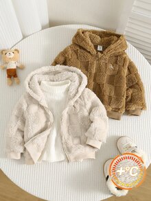 SHEIN 中性嬰兒男/女童、幼兒 2件組秋冬休閒可愛毛絨連帽夾克外套多件套裝，嬰兒加厚棉襖，冬季外套，抓絨加厚 - 杏色 - 查看 3