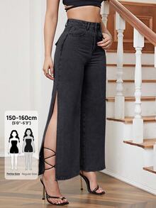 SHEIN PETITE Women's Outdoor Fashion Split Hem All Season Black Petite Jeans - Black - View 1