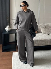 Livesso Plus Size Thermal Lined Thick Sequin Design Autumn Winter Loose Casual Hoodie Sweatshirt And Straight Leg Pants 2pcs Set - Dark Grey - View 3