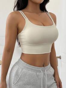 Dazy Plus Light Shaping Solid Color Minimalist Wearable Sports Bra Tank Top - Apricot - View 3
