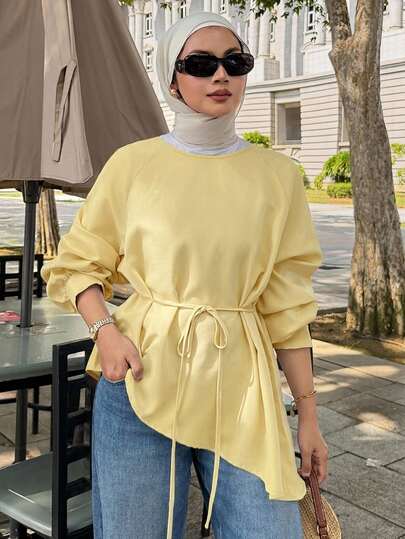 DAZY Women's Solid Color Loose Round Neck Long Sleeve Pullover Asymmetrical Hem Waist Belt Casual Elegant Vacation Spring Autumn Blouse