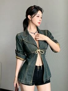 Dazy Tall Women's Waist-Cinching Tie-Front Sexy Casual Denim Top - Medium Wash - View 6