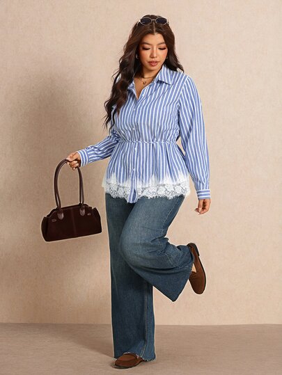 Elaquor Plus Size Elegant Commuter Striped Contrast Lace Blouse