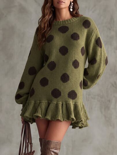 Solivie Damen Stricktop, grüne Polka-Dot Bluse, geeignet für den täglichen Gebrauch