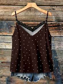 SHEIN VCAY Plus Size Women's Contrast Lace Polka Dot Print Camisole - Brown - View 2