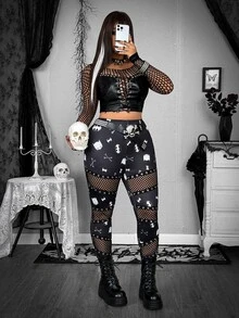 Whyspr BATMAN X SHEIN Plus Size Printed Patchwork Fishnet Leggings - Black - View 7
