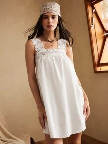 Lullawish Women's Comfortable Sweet Lace Patchwork Nightgown - White - View 3