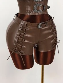 Amplova Women's Solid Color Tie-Up Design Casual Versatile Daily Wear Shorts - Brown - View 7