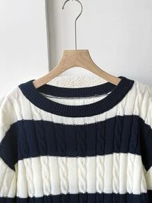 SHEIN 青少年女孩現代藍白條紋海軍藍圓領針織衫，秋冬開學季 - 藏蓝色 - 查看 4