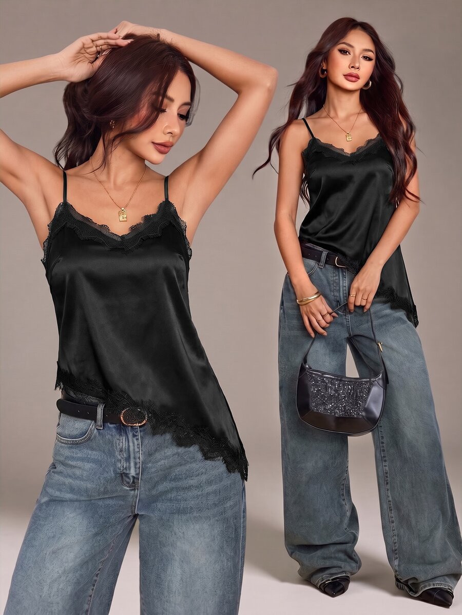SHEIN PETITE Women's Solid Color Contrast Lace Asymmetric Hem Cami Top - Black - View 1