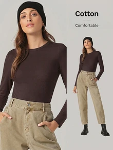 SHEIN BASICS 女款休閒百搭純色修身長袖T恤上衣 白色 - 棕色 - 查看 8