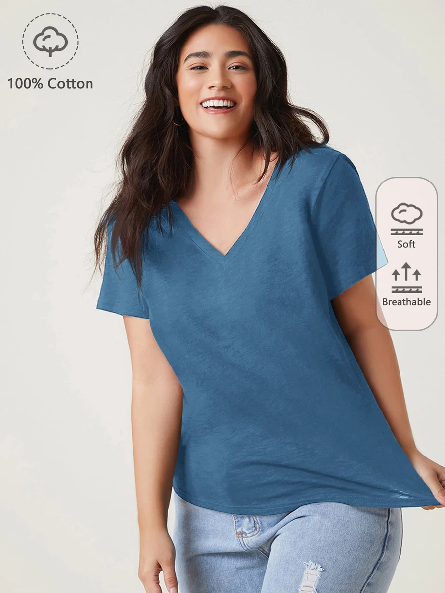 SHEIN BASICS 大尺碼女款純色V領休閒日常T恤 - 霧霾藍 - 查看 1