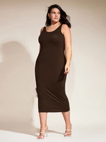 SHEIN BASICS 大尺碼純色貼身夏季洋裝 女款夏季穿搭 優雅女裝洋裝 - 咖啡棕 - 查看 4