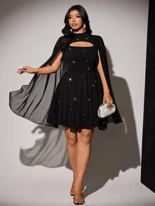 Viva Relle Plus Size Elegant Black Shiny Ribbed Patchwork Chiffon Cape Sleeve High Neck Hollow Mesh A-Line Mini Dress For Women Birthday Party Annual Meeting Evening Gala - Black - View 7