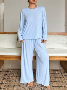 Dazy Plus Spring/Autumn Casual Solid Color Minimalist Knitted Dense Hem Wavy Edge Loungewear Set - Baby Blue - View 1
