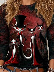 Breezaya Halloween Lady Vampire Cat Family T-Shirt, Cartoon Pattern Long Sleeve Crew Neck Casual Top - Red - View 3