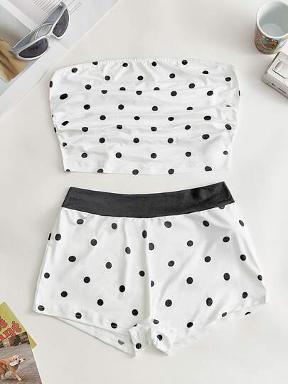 Lowkey Lull Ins Comfortable Polka Dot Minimalist Lace Fitted Casual Bandeau Shorts Loungewear Pajama Set EasyComfort Women's Sleepwear