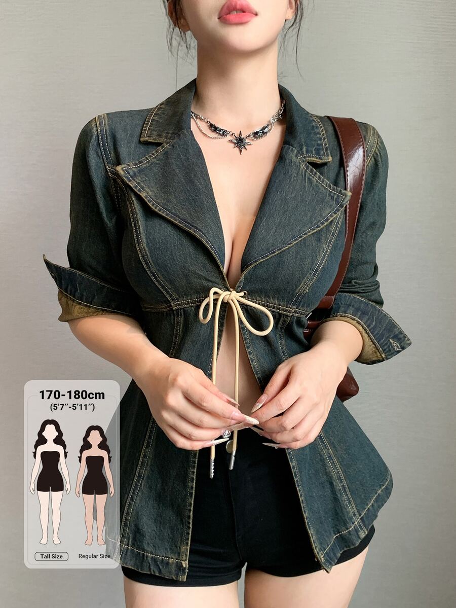 Dazy Tall Women's Waist-Cinching Tie-Front Sexy Casual Denim Top - Medium Wash - View 1