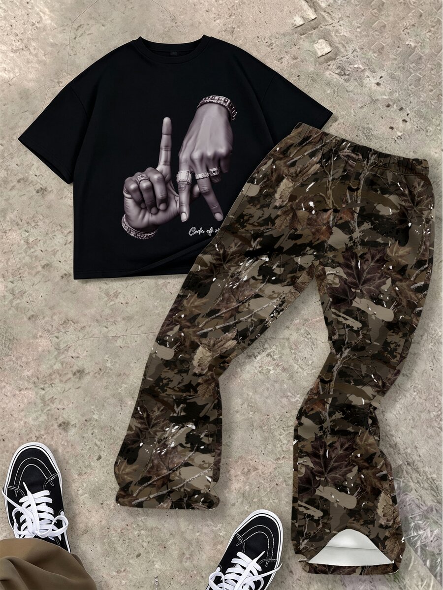 青少年男孩休閒舒適時尚極簡圓領短袖上衣與喇叭褲套裝 - 彩色 - 查看 1