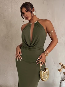 Firerie Plus Size Sexy Draped Neck Backless Summer Dress - Army Green - View 6