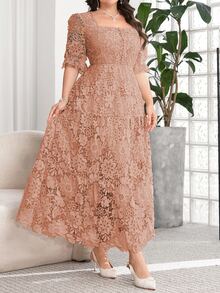 Reflora Plus Size Women's Lace Casual Romantic Elegant Party Wedding Formal Evening Dress Dusty Blue Summer - Dusty Pink - View 6
