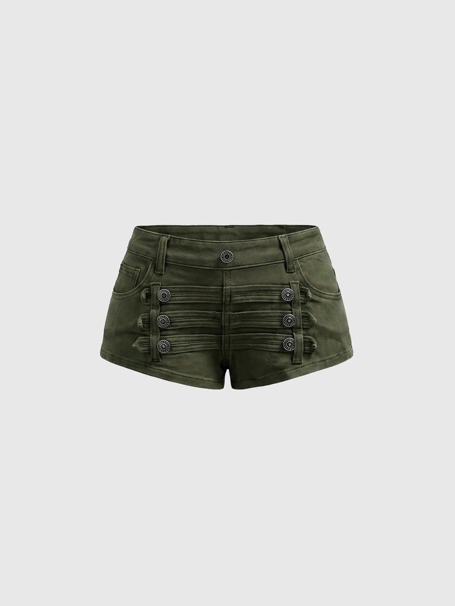 ROMWE Grunge Punk 夏季辣妹穿搭復古拿破崙鈕扣設計超低腰迷你牛仔短褲 - 軍綠色 - 查看 1