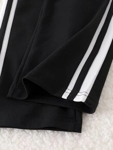 SHEIN 2件組少女 Polo 衫 + 長褲，學院風白色黑色馬術刺繡側條紋長袖 V 領休閒校服，適合秋季生日女孩運動風 - 黑色 - 查看 6