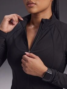 Powerista Women's Plus Size All Seasons Black Solid Color Performance Black Full Zip Sports Jacket Breathable Long Sleeve Exercise Track Top Active Wear - Black - View 5