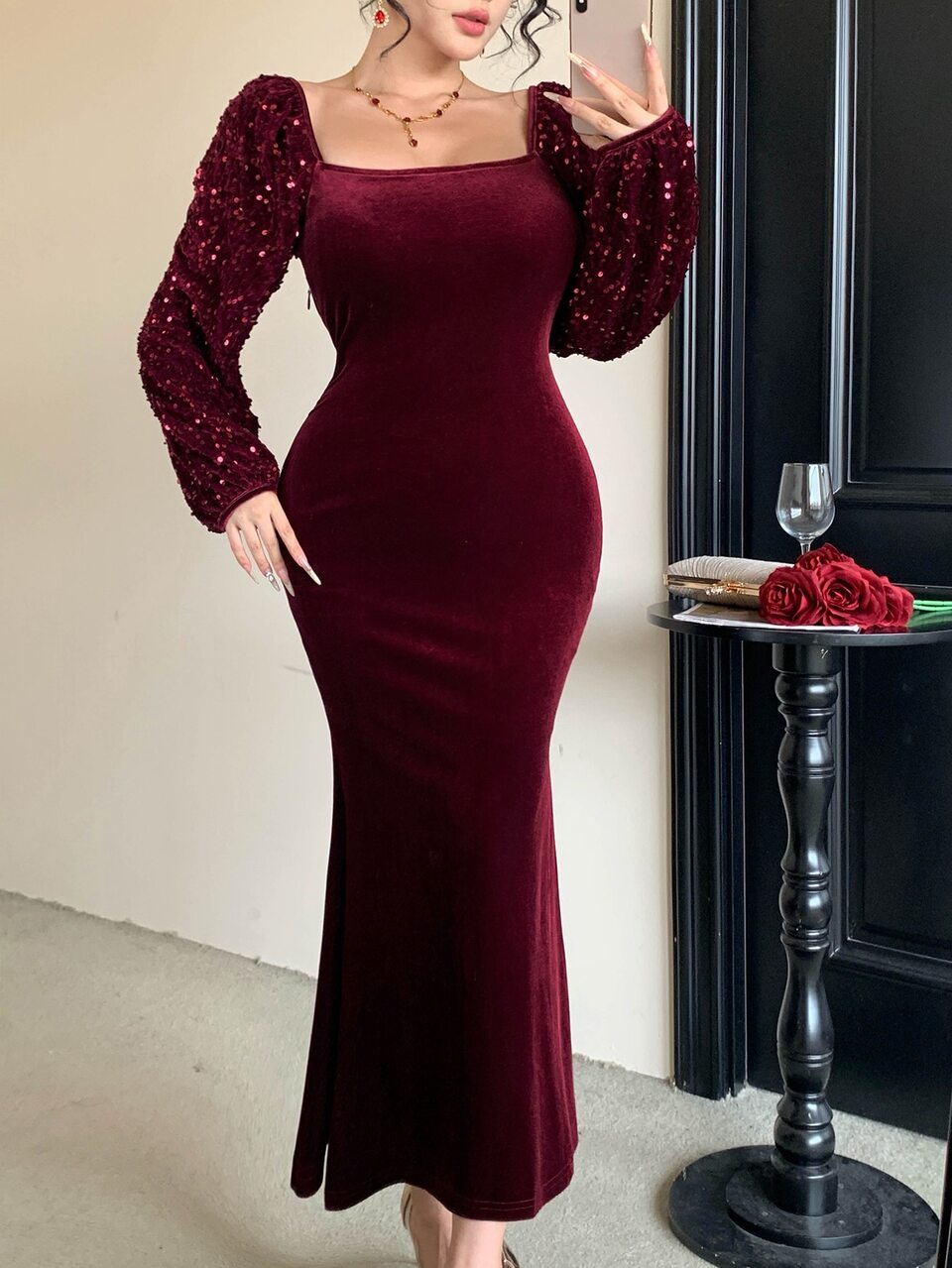 Autumn Square Neck Sequin Petal Sleeve Long Sleeve Cinched Waist Velvet Fabric Burgundy Party Evening Style Women's Mid-Length Dress