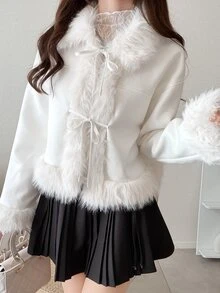 FRIFUL Women's Patchwork Fur Front Tie Long Sleeve Elegant Jacket - Beige - View 5