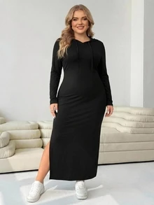 SHEIN CURVE+ 黑色休閒大尺碼女款長袖側開衩下擺連帽洋裝 秋季 - 黑色 - 查看 7