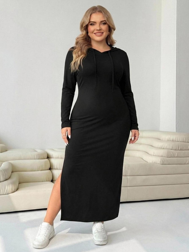 SHEIN CURVE+ Black Casual Plus Size Women's Long Sleeve Side Slit Hem Hooded Dress Fall - Black - View 7
