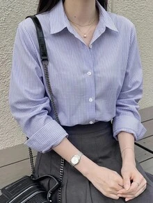 DAZY 女款條紋單排扣商務休閒長袖襯衫 - 紫色 - 查看 1