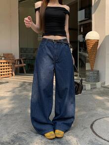 DAZY Women's Loose Embroidered Korean Style Washed Denim Jeans, Versatile For Spring And Summer - Blue - View 2