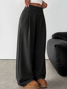 SHEIN 青少年女孩針織淺黑色寬鬆休閒抽繩口袋寬腿運動長褲 - 黑色 - 查看 5